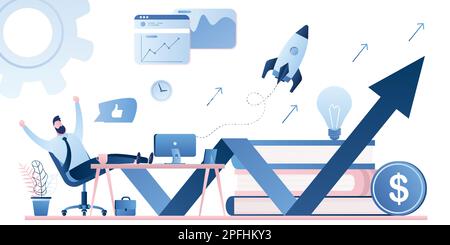 Happy and successful trader or businessman on workplace. Finance profit or New start up venture concept on white background. Growing graph. Trendy sty Stock Vector