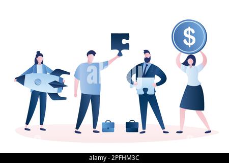 Negotiations between a startup developers and investors. Businessmen with part of puzzle. Teamwork concept. People characters in trendy style,social n Stock Vector