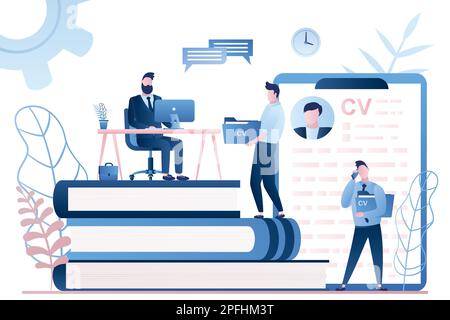 Handsome businessman boss or HR specialist having an interview with job applicant and male candidate waiting.Job interview, employment process, choosi Stock Vector