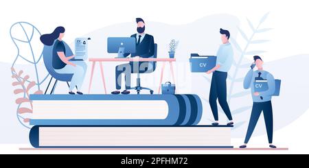 Handsome businessman boss or HR specialist having an interview with job applicant and male candidates waiting. Job interview, employment process, choo Stock Vector
