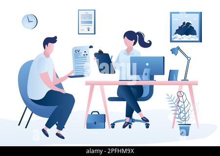 Beauty businesswoman boss or HR specialist having an interview with job applicant. Job interview, employment process, choosing a candidate concept. Ma Stock Vector
