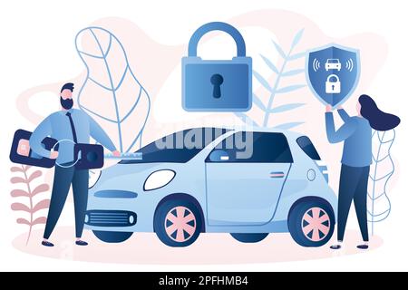 Handsome businessman with car remote key and woman with shield at car with padlock. Car alarm system, anti-theft system. Modern car and human characte Stock Vector
