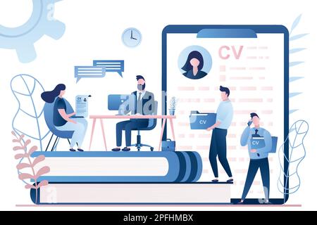 Handsome businessman boss or HR specialist having an interview with job applicant and male candidates waiting. Job interview, employment process, choo Stock Vector