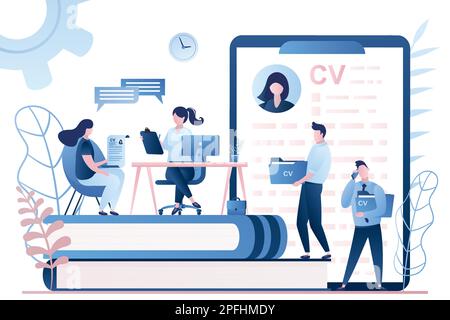 Beauty businesswoman boss or HR specialist having an interview with job applicant and male candidates waiting. Job interview, employment process, choo Stock Vector