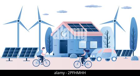 Clean energy and smart technology background. Windmills, rooftop solar panel house and electric car. Human characters on bicycles. Eco transport and h Stock Vector