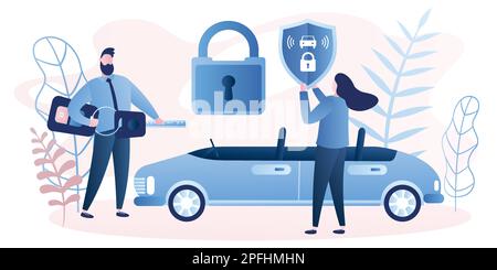 Handsome businessman with car remote key and woman with shield at car with padlock. Car alarm system, anti-theft system. Modern car and human characte Stock Vector