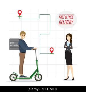Cartoon caucasian delivery man riding on electric scooter. Handsome courier male character and woman client waiting order. Urban navigation and fast a Stock Vector