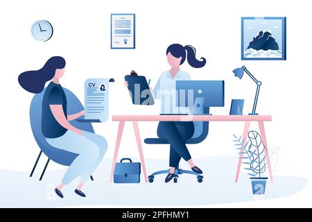 Beauty businesswoman boss or HR specialist having an interview with job applicant. Job interview, employment process, choosing a candidate concept. Fe Stock Vector