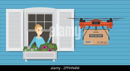 Drone delivery concept. Cartoon quadcopter with cargo and beautiful caucasian woman looks out the open window. Happy female character. Home delivery b Stock Vector