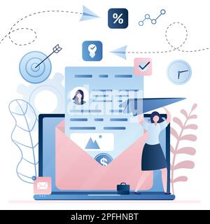 Email marketing concept background. Laptop with inbox mail and businesswoman launches paper plane for promotion. Sale message. Business signs and icon Stock Vector
