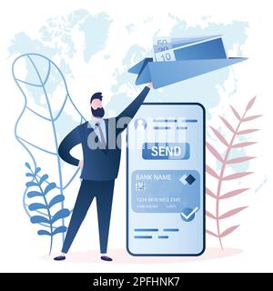 Businessman launches airplane with money,fast and safe mobile money transfer. Modern wallet and credit card. Handsome male character and elements in t Stock Vector