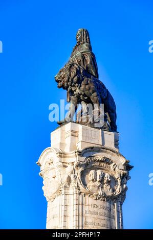 Metal sculpture on top of the monument or piece of art. The First Marquis of Pombal real name was Sebastião José de Carvalho e Melo. He appears depite Stock Photo