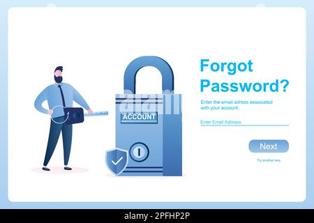 Male character holding big key and account lock. Forgot password web page template. Handsome businessman. trendy style vector illistration Stock Vector