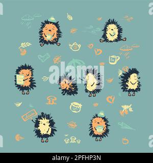 Set of cute hedgehog.Wild forest animals in  hand drawn style.Vector illustration Stock Vector