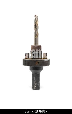 Rusty used hole saw holder with drill bit, isolated on white background Stock Photo
