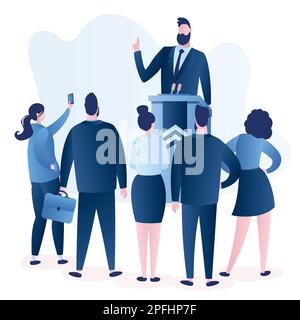 Caucasian Politician speaking. Male speaker giving speech from tribune with microphones and group of people listens to politics. Human characters isol Stock Vector