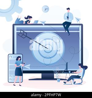 People concumers with devices get targeted ads and messages. Multi device targeting, reaching audience, cross-device marketing concept. Trendy style v Stock Vector