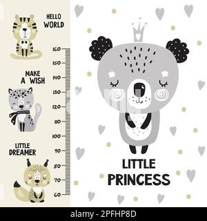 Kids height chart. Cute and funny doodle animals.Growth chart in scandinavian style. Poster template, childish print. Vector illustration Stock Vector