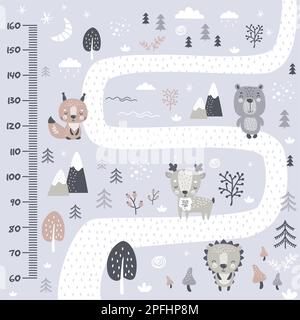 Kids height chart. Cute and funny doodle wild animals in forest. Growth chart or banner in scandinavian style. Poster template, childish print. Vector Stock Vector
