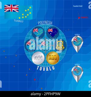 Set of illustrations of flag, outline map, icons of Tuvalu. Travel concept. Stock Photo