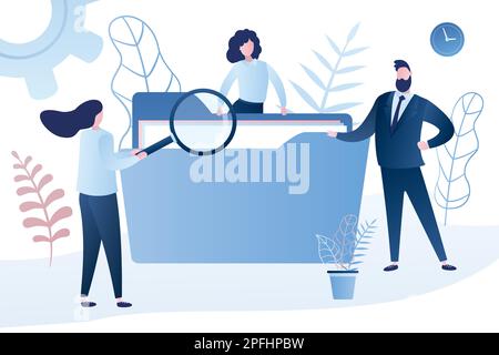 Business people searching through files. Humans with folder and female clerk use magnifying glass. Funny characters in trendy style. Vector illustrati Stock Vector