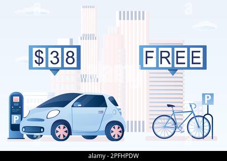 Modern bike on parking. Free bike parking, paid car parking and parking meter. Urban view on background. City for green transport concept. Flat trendy Stock Vector