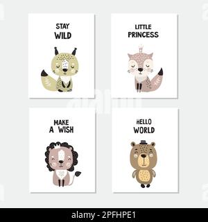 Posters template with cute animals. Doodle wild animals in scandinavian style. Great for greeting card,posters,print and others. Vector illustration Stock Vector