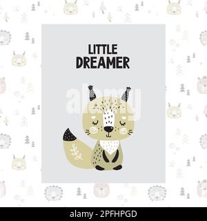 Squirrel little dreamer card. Seamless pattern with animal faces and trees on background. Doodle scandinavian style greeting card or banner. Vector ch Stock Vector
