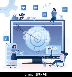 Women concumers with devices get targeted ads and messages. Multi device targeting, reaching audience, cross-device marketing concept. Trendy style ve Stock Vector
