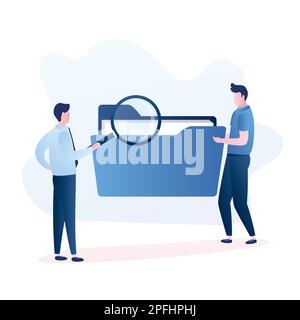 Business people searching through files. Man with folder and male use magnifying glass. Funny characters in trendy style. Vector illustration Stock Vector
