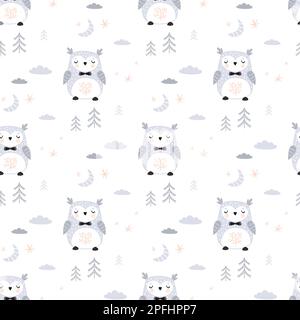 Seamless pattern with cute doodle owl. Texture background with forest bird in scandinavian style. Poster, childish print template. Vector illustration Stock Vector