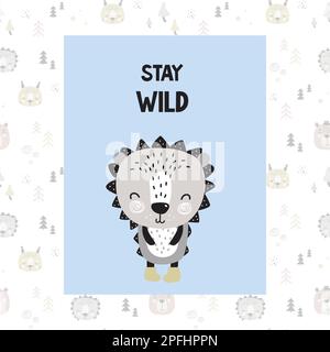 Cute hedgehog. Seamless pattern with animal faces and trees on background. Doodle scandinavian style greeting card or banner. Vector children illustra Stock Vector