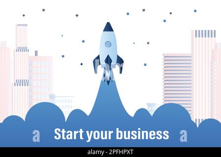 Business Startup banner. Spaceship takeoff and city view on background. Place for text.Trendy style vector illustration Stock Vector