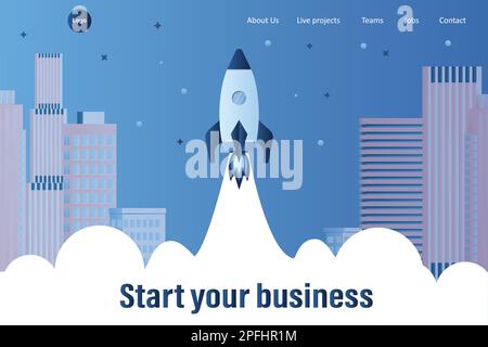Business Startup banner or landing page template. Spaceship takeoff and city view on background. Place for text.Trendy style vector illustration Stock Vector