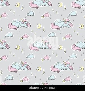 Seamless pattern with cute sleeping unicorn. Texture background wild fairy animals in hand drawn style. Poster, childish print template. Vector illust Stock Vector