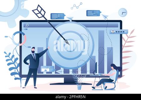 Male remarketing manager and female specialist put targeted ads. Remarketing strategy, digital marketing tool, visitors generation methodology concept Stock Vector