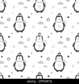 Seamless pattern with cute doodle penguins. Texture background in scandinavian style. Poster, childish print template. Vector illustration Stock Vector