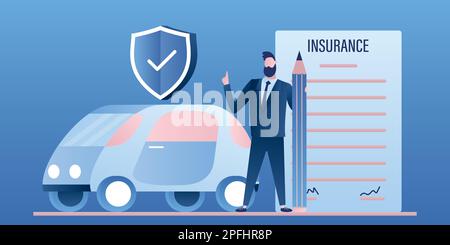 Businessman with big pencil and insurance paper contract. Modern car and and safe shield. Auto protection and insurance background. Trendy style vecto Stock Vector