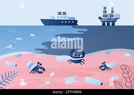 Ocean coast with plastic trash and various garbage. Tanker and oil platform pollute the ocean. Ecology problems concept. Global pollution background. Stock Vector