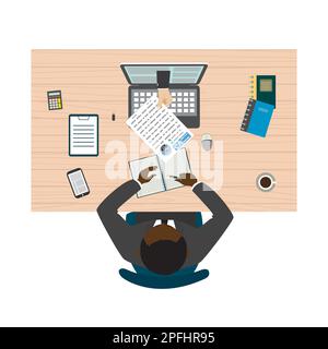 HR specialist sitting at the table. Modern laptop and hand holding cv resume. Online recruitment process.Top view workplace and african american busin Stock Vector