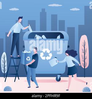 Various people throwing plastic garbage in the big trash can. Recycling and ecological concept. Urban view on background. Male and female characters i Stock Vector