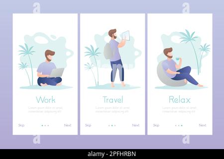 Handsome male work,travel and relax. Set of three posters template for mobile app. Freelancer male in different scenes. Tropical beach with palm trees Stock Vector