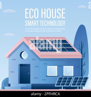 Eco house and smart technology background. Rooftop solar panel house and floor solar panels.Green home concept and clean energy. Trendy style vector i Stock Vector