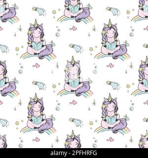 Seamless pattern with cute reading unicorn. Texture background wild fairy animal with book in hand drawn style. Poster, childish print template. Vecto Stock Vector