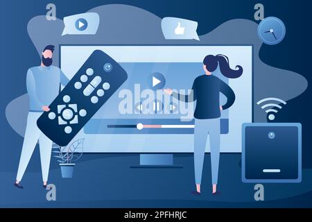Love couple watch video with remote control and television multimedia box. Smart TV box, smart tv console. Cute people characters. Trendy style vector Stock Vector