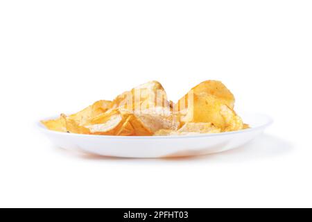 Potato chips on white plate isolated on white background, Selective focus. Stock Photo