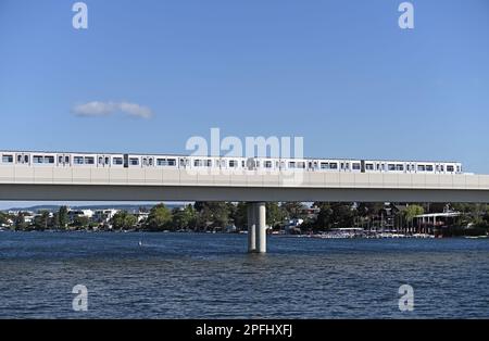 Subway crosses the bridge over the Danube in Vienna Stock Photo