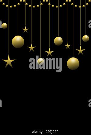 Golden balls, pearls and stars on a black background, and space for text. Stock Photo