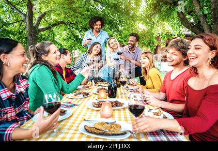 Happy people having fun toasting wine out side - Diverse friends sharing harvest together at farm house vineyard countryside - Food life style concept Stock Photo