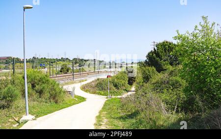 Storage of sleepers for railway tracks in Cerdanyola del Vallés, Barcelona, Catalunya, Spain, Europe Stock Photo